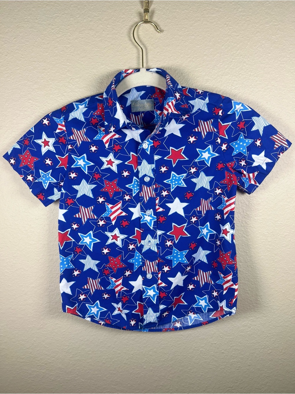 Eleanor Rose Boys Patriotic Stars Button Down Shirt Red White Blue EUC 5/6T